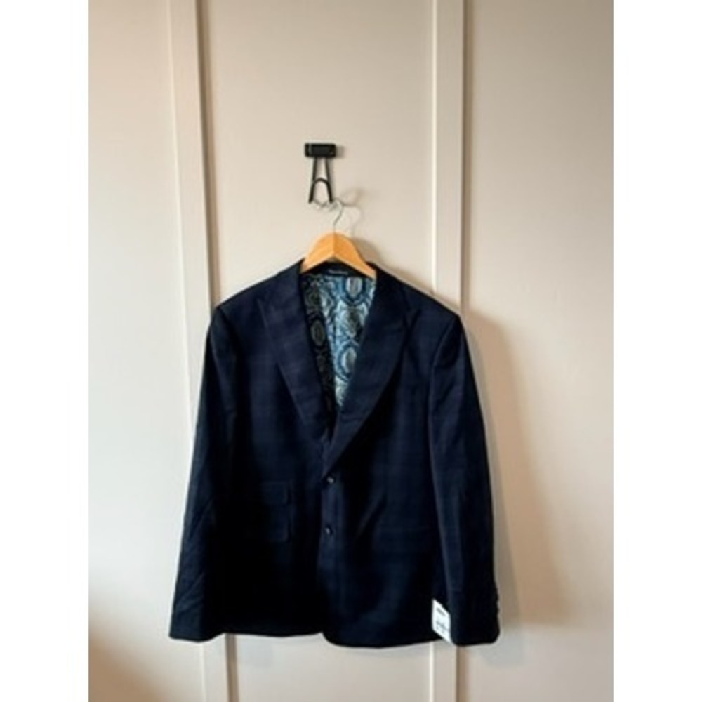 English Laundry Mens Navy Blue Plaid Blazer Sport Coat Paisley Lining Size 46